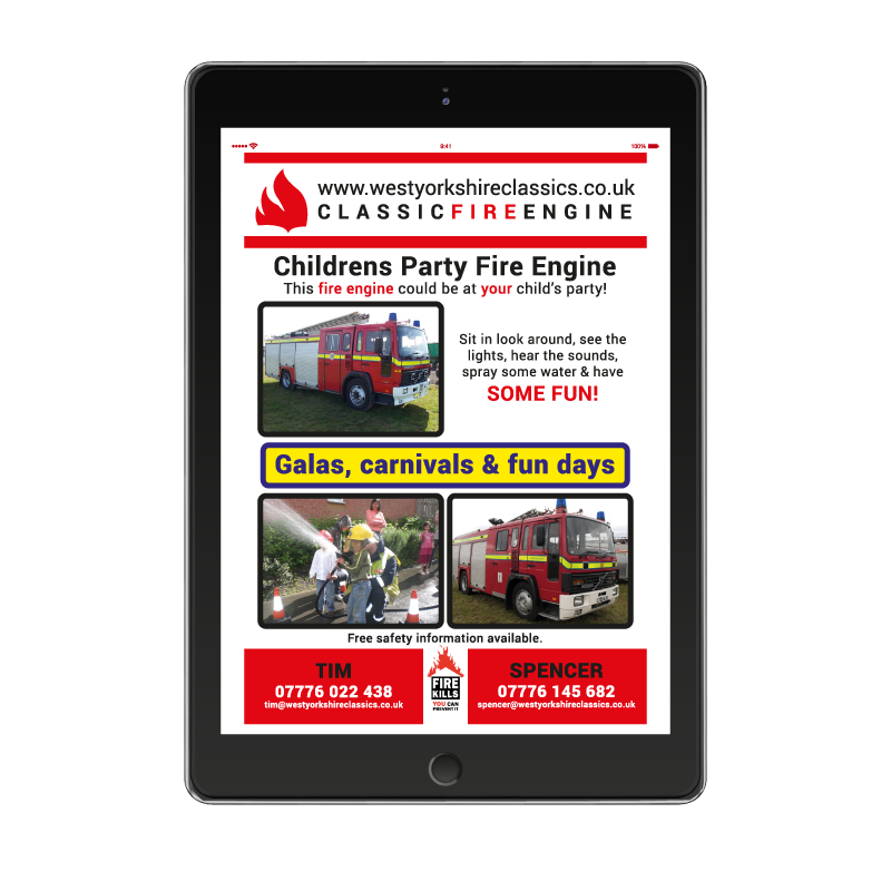 West Yorkshire Classics, Childrens Party Fire Engine Flyer on iPad.